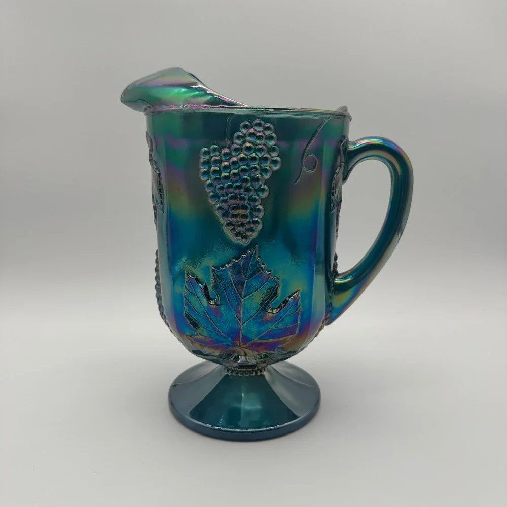 Indiana Glass Harvest Grape Teal Blue Carnival Glass Pitcher Iridescent Ice Lip